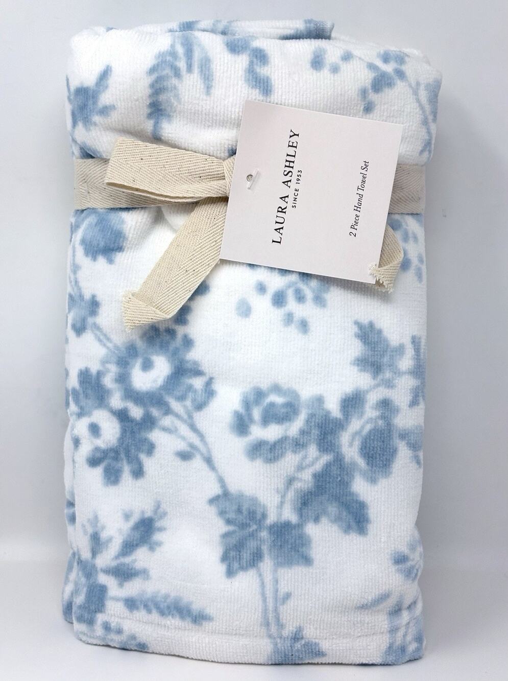 Laura Ashley Blue Floral Bath Hand Towels Set 2 Pcs White Toile NWT Restroom